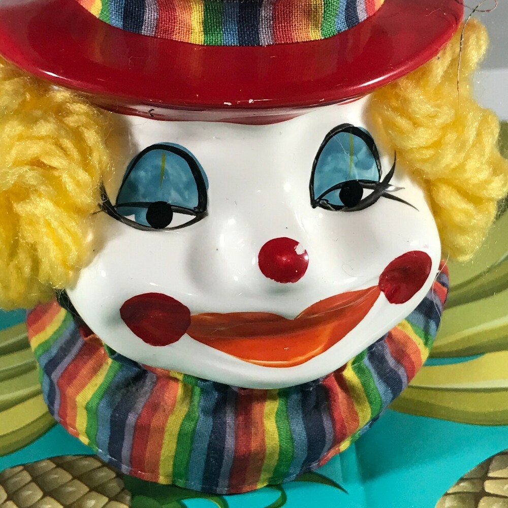 CLOWN BANK Ceramic Taiwan Yarn Hair Fabric Ruffle Rainbow 5 Inch Circus Vtg - Picture 2 of 12